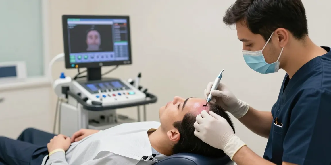 Hair transplant procedure in Istanbul showing skilled surgeon implanting hair follicles using Sapphire technology for effective results.