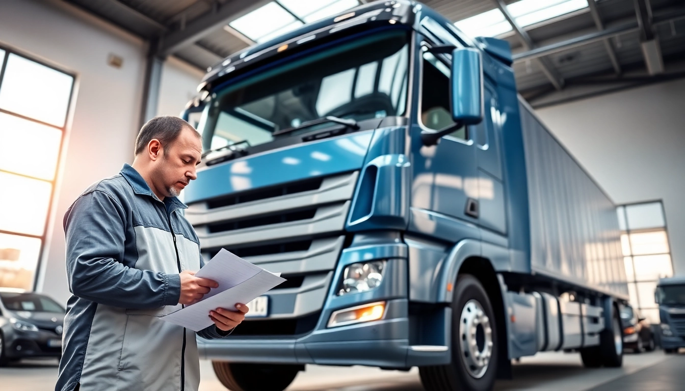 Lkw Gutachter Augsburg inspects a truck in a professional office environment.