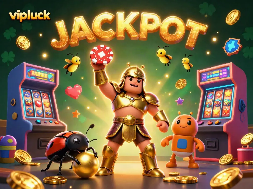 Win big with vipluck as a triumphant hero beetle celebrates a jackpot in a dazzling casino scene.