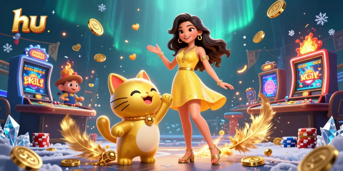 Engage with hu lucky cat and cheerful Asian woman celebrating casino wins surrounded by gold coins.