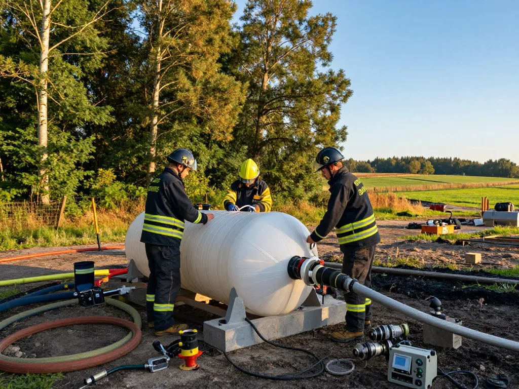 Installation einer oberirdischen Löschwasserzisterne, die Teamarbeit und Brandsicherheit in abgelegenen Gebieten demonstriert.