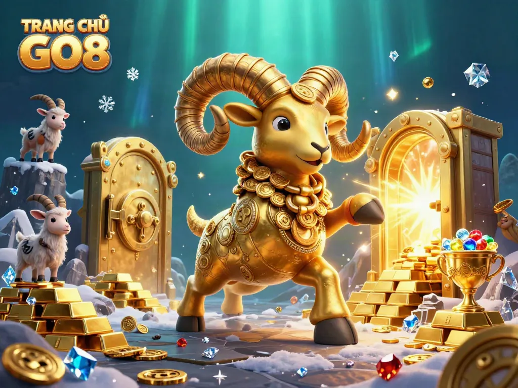 Experience the excitement of TRANG CHỦ GO8 with a golden ram charging towards a treasure vault in a vibrant casino setting.