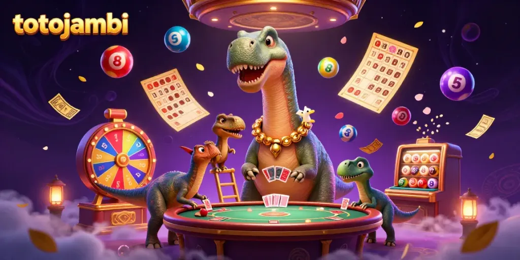 Experience thrilling gameplay with totojambi in a vibrant casino scene featuring a giant brontosaurus and lively gaming elements.