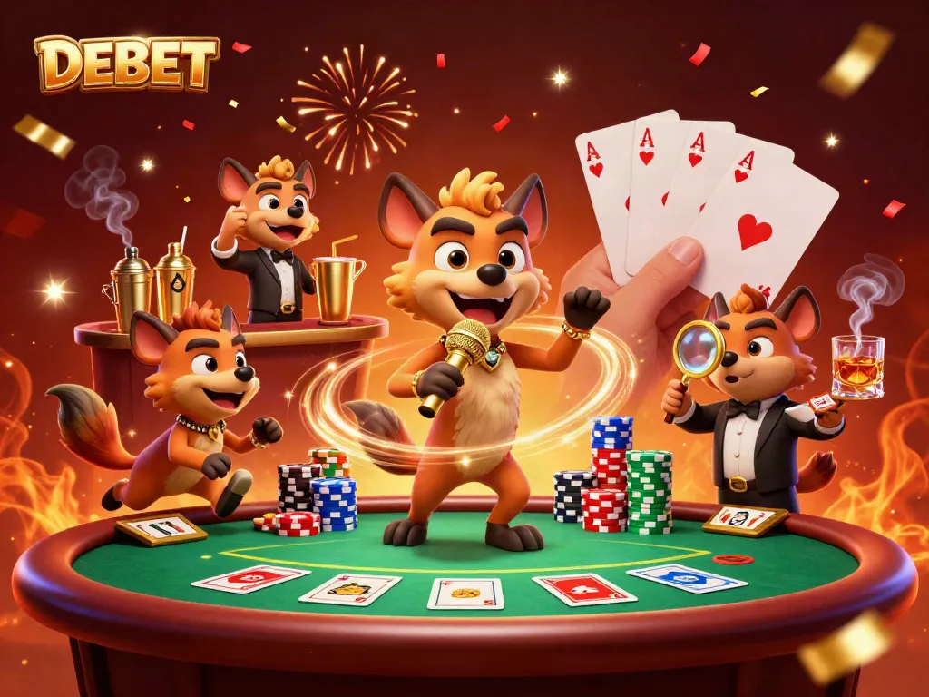 DEBET showcases a lively casino scene with hyenas as entertainers enjoying poker games and drinks.
