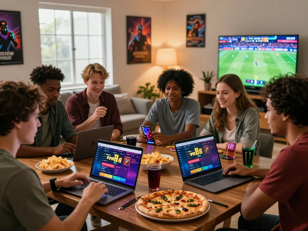 Dynamic gaming scene with friends enjoying VN88 online betting on laptops and phones in a lively living room.