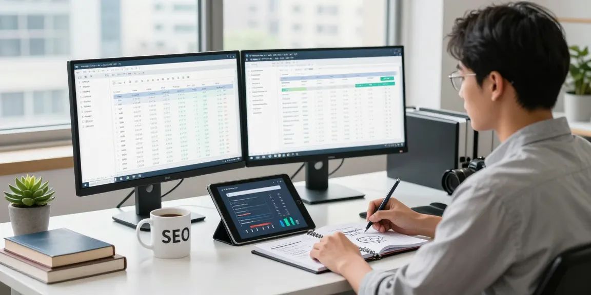 Professioneller Arbeitsplatz einer SEO Agentur mit einem digitalen Marketingexperten, der die Suchleistungsmetriken und Schlüsselwortstrategien analysiert.