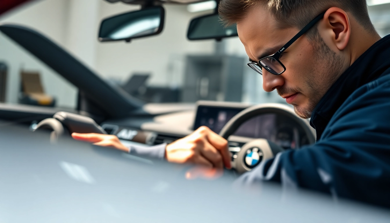 BMW Codierer bei der Arbeit an einem luxuriösen Fahrzeug, technische Details sichtbar.