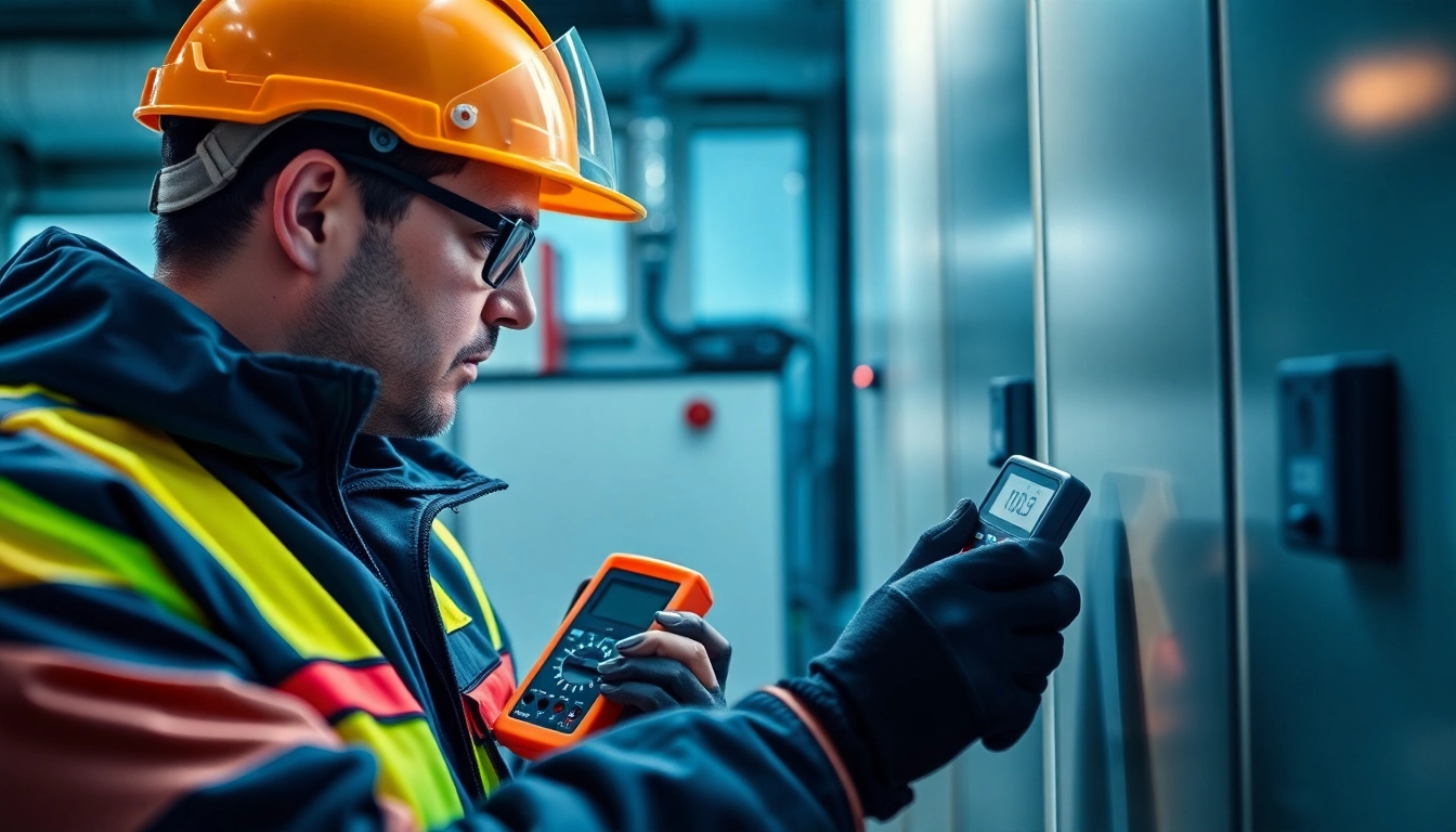 Inspecting electric equipment for safety compliance during DGUV V3 Prüfung with professional safety gear.