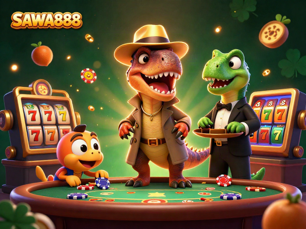 SAWA888 showcases a velociraptor card counter with dynamic slot elements in an exciting 3D illustration.