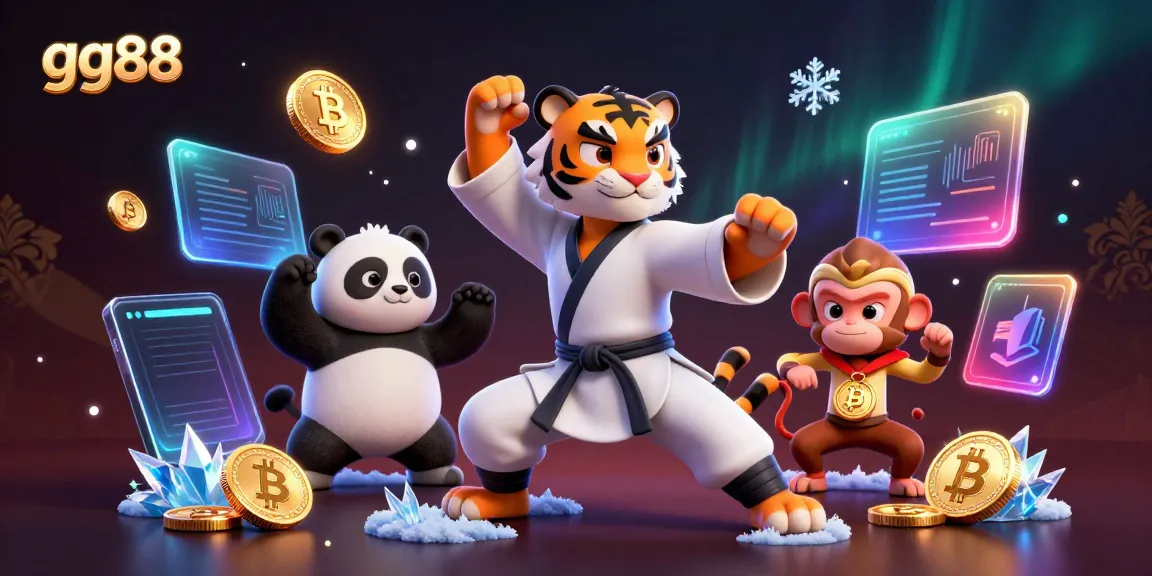 Experience GG88 gaming with a tiger master and friends amid vibrant neon effects.