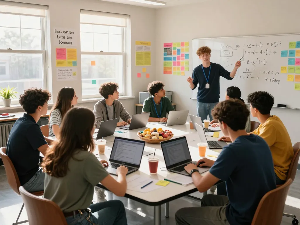 Schüler, die aktiv einen Hausaufgaben Löser in einem modernen Bildungsumfeld verwenden und kollaborative Hausaufgabenanstrengungen zeigen.