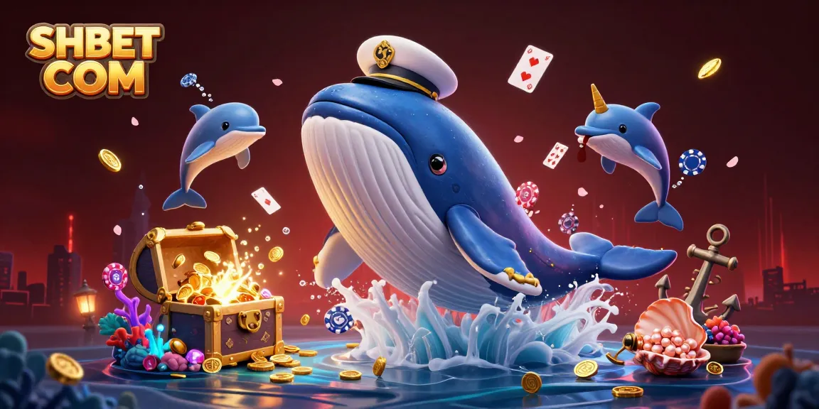 Engage with fun at SHBET COM featuring a 3D cartoon whale and friends amidst a treasure-filled underwater scene.