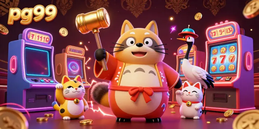 Engage with PG99's thrilling slot machine scene featuring lucky charm characters and vibrant game elements.