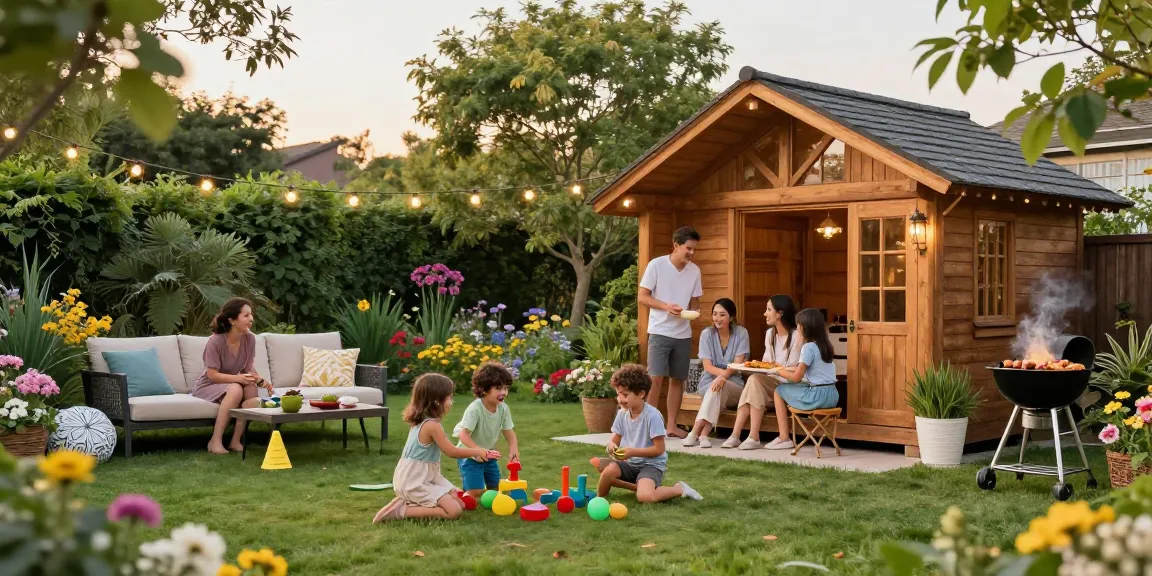 Gemütliches Gartenhaus in einem einladenden Garten mit spielenden Kindern und einer Familie, die grillt.