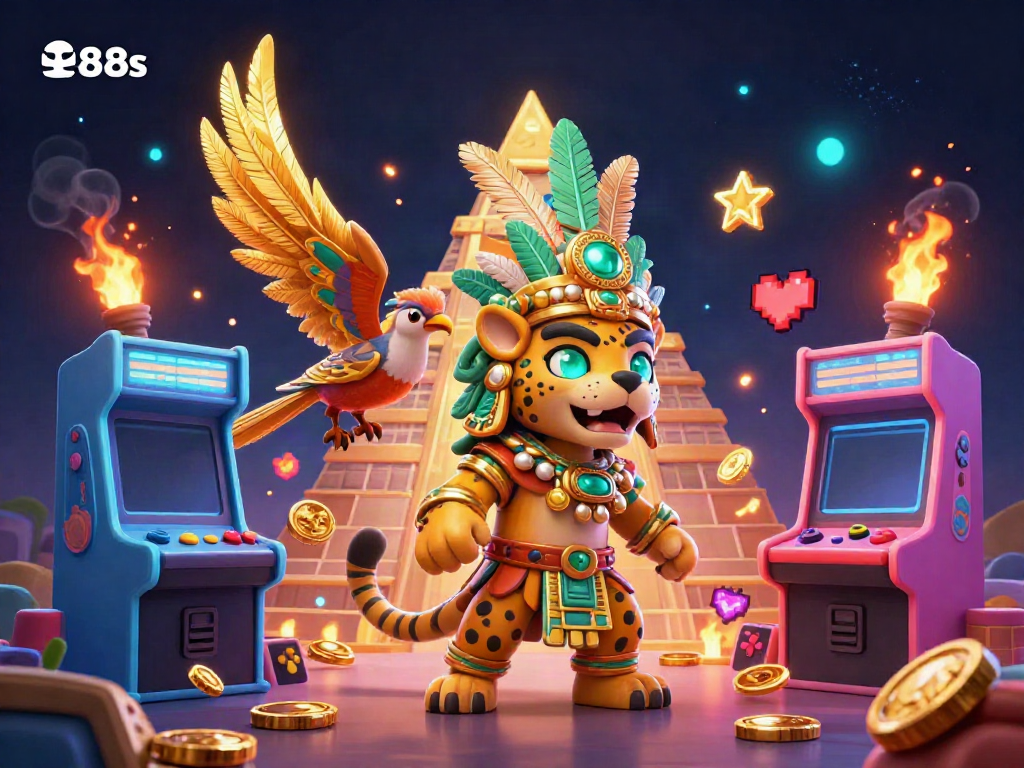 Experience thrilling gaming adventures with sky88s in this vibrant casino illustration featuring a Mayan priest and gaming elements.