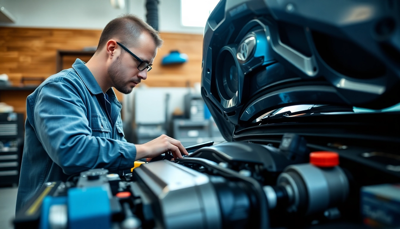 Motorschaden Ankauf: Mechanic examining a car engine in a professional workshop.