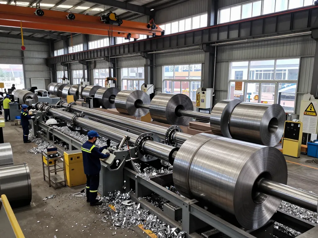 Workers engaged in sumwin stainless steel manufacturing showcasing modern machinery and safety in an industrial setting.
