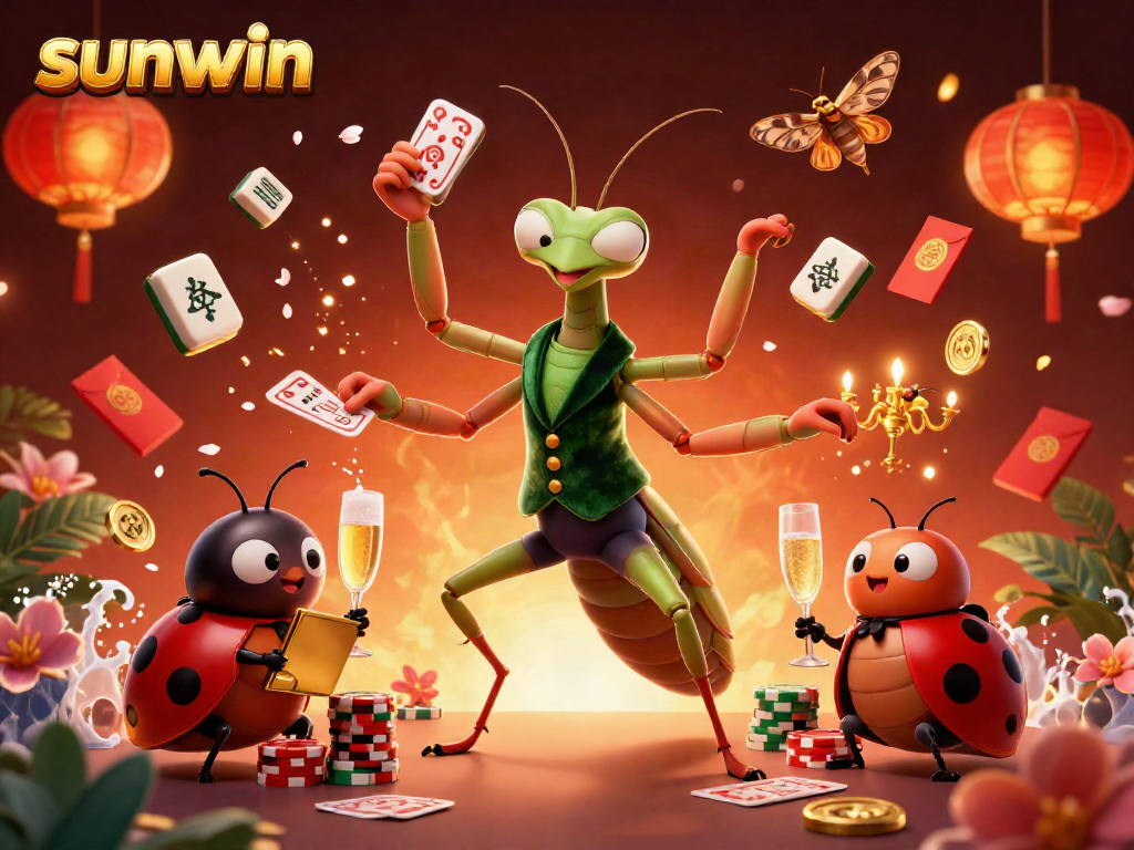 Engage with the thrilling world of sunwin as a giant mantis card sharp pours champagne and deals cards.