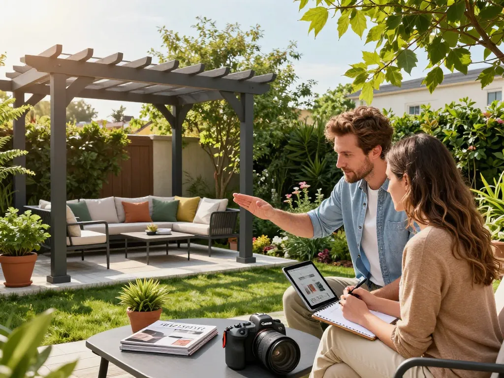 Paar, das ein 3D-Design einer Pergola auf einem Tablet in einem üppigen Garten visualisiert.