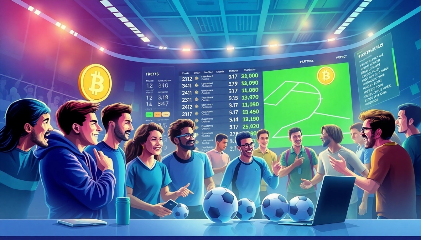 Engage in sports betting with crypto, depicting an interactive sportsbook with enthusiastic bettors and crypto icons.
