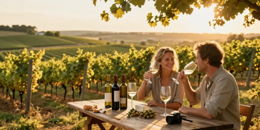 Weinmessen Termine: Paar genießt Wein im Weinberg bei Sonnenuntergang, umgeben von Weinflaschen und rustikalem Tisch.