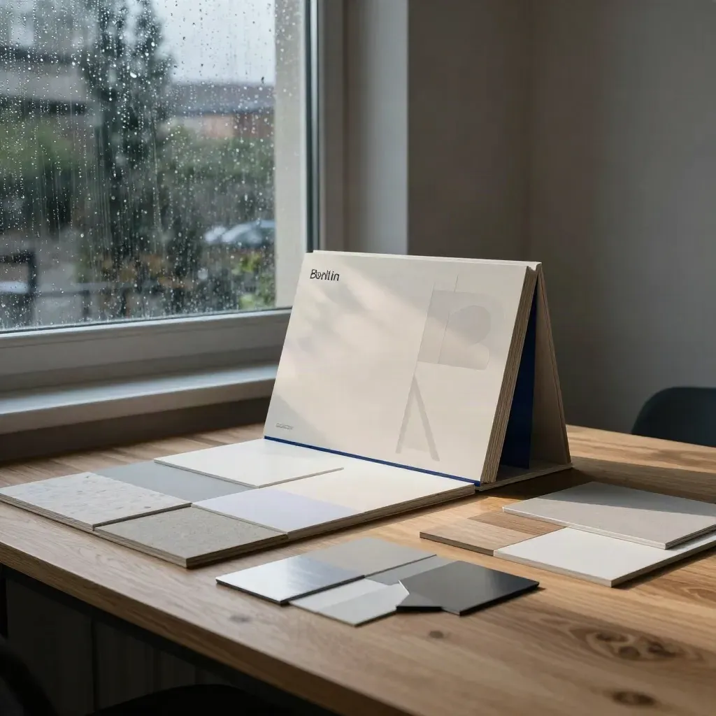 Berliner Branding-Studio mit Boards, Papierproben und warmem Fensterlicht nach Regen.