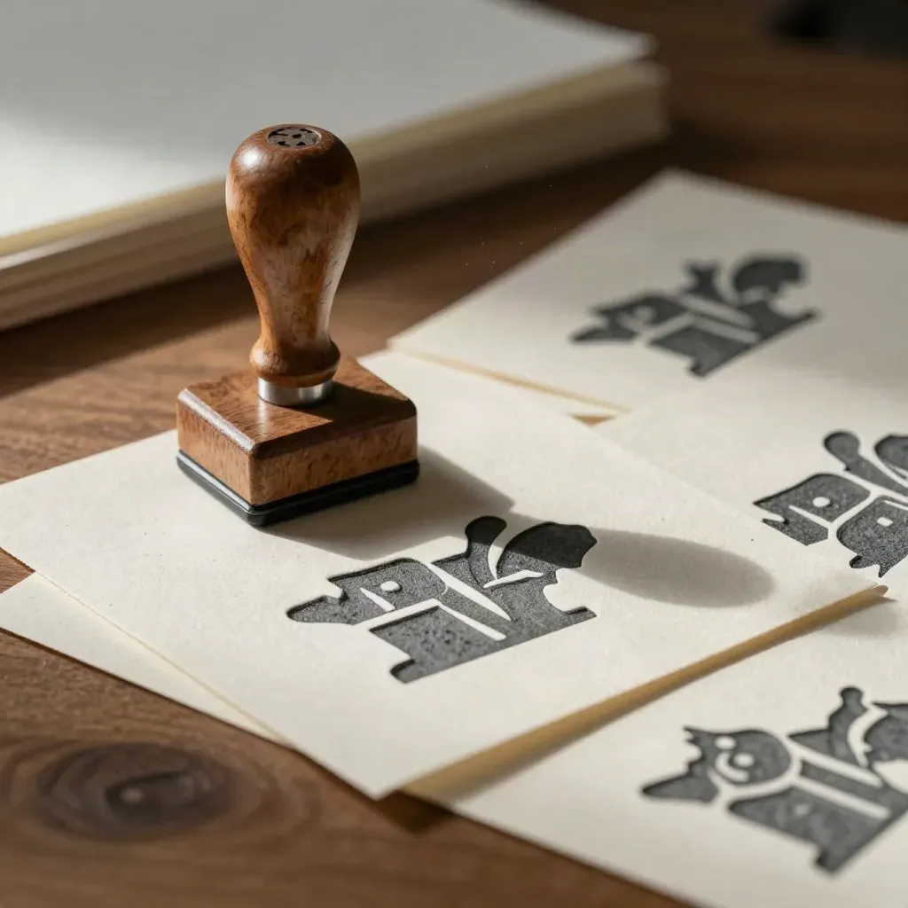 Prägestempel, Logoformen und Testdrucke auf schwerem Papier in warmer Werkstattstimmung.