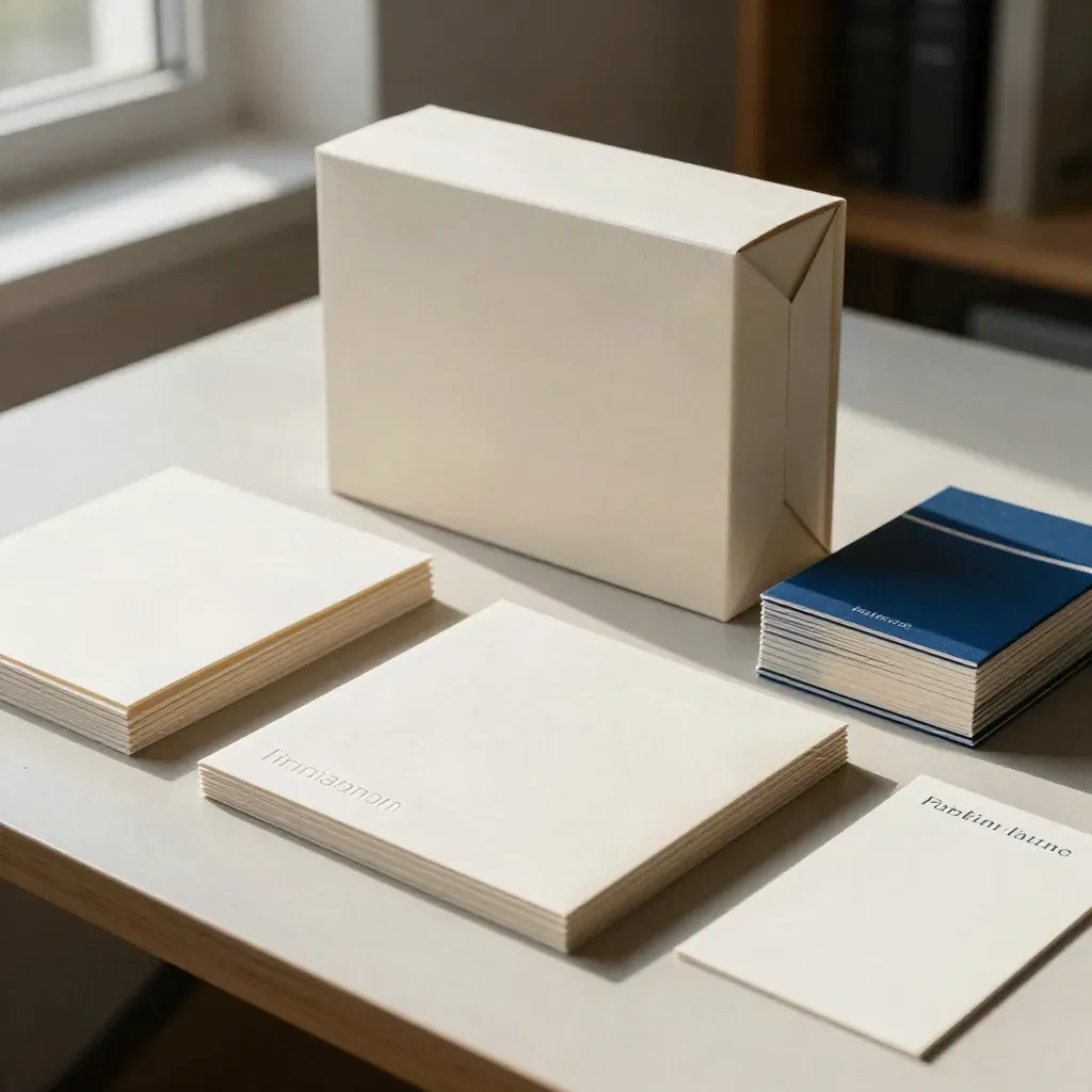 Corporate-Design-Kit mit Kartons, Farbkarten und Hüllen auf hellem Studio-Tisch