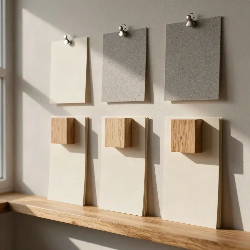 Positionierungswand mit Karten, Materialchips und Holzklötzen an einer Plasterwand