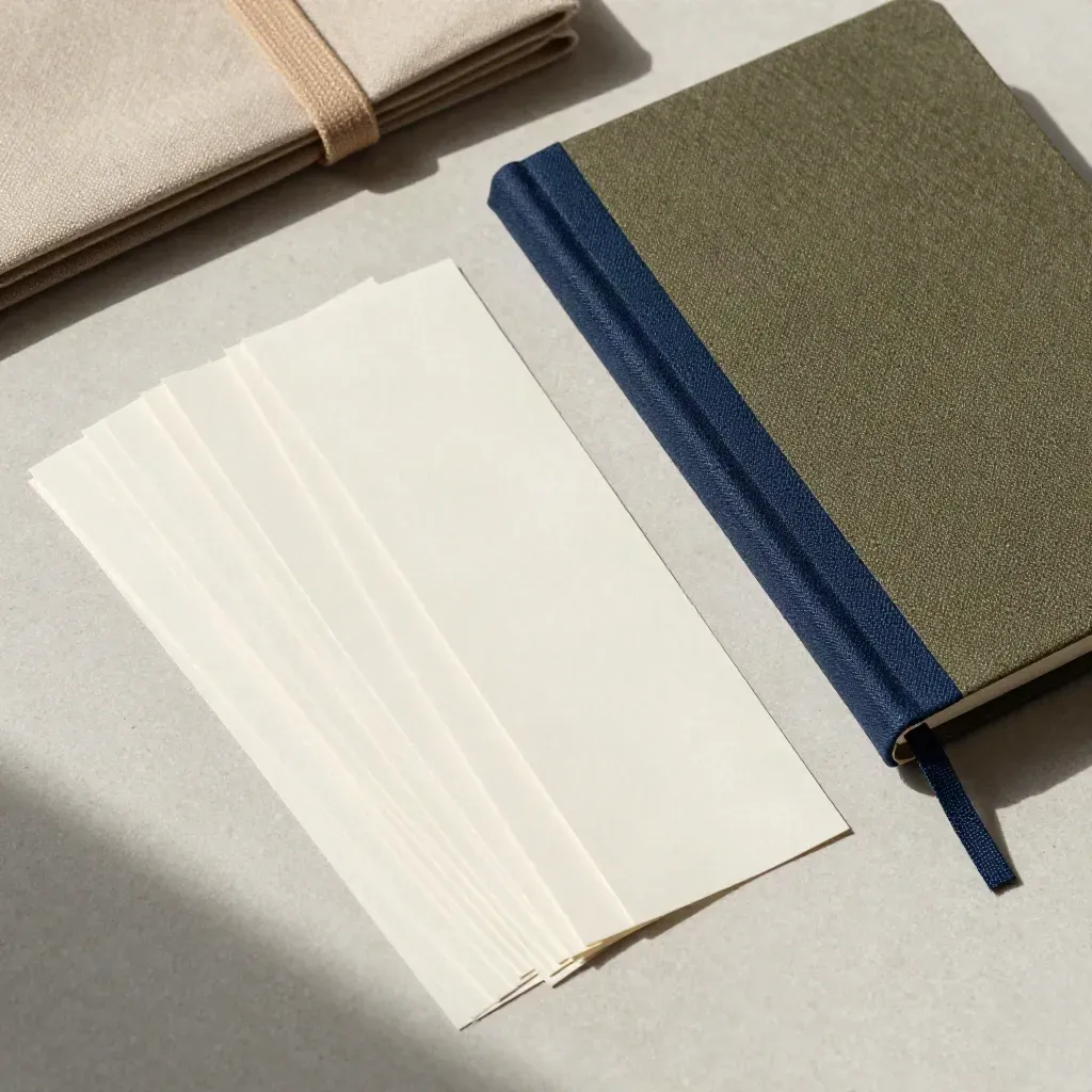 Draufsicht auf Kapitelkarten, Papierstreifen und ein geschlossenes Notizheft in Berlin-Blau.
