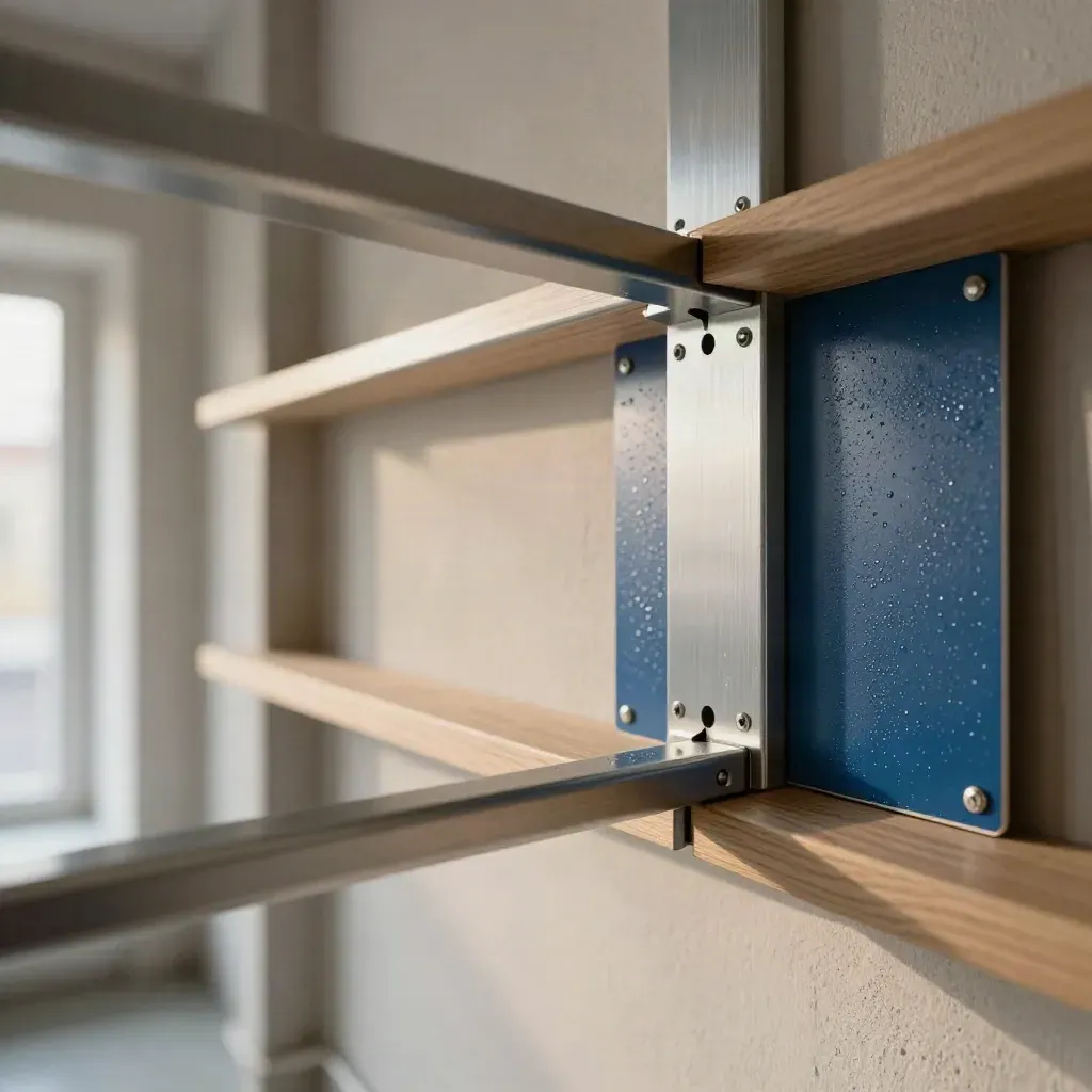 Makro einer modularen Studiowand mit Berlin-blauer Platte und warmem Fensterlicht