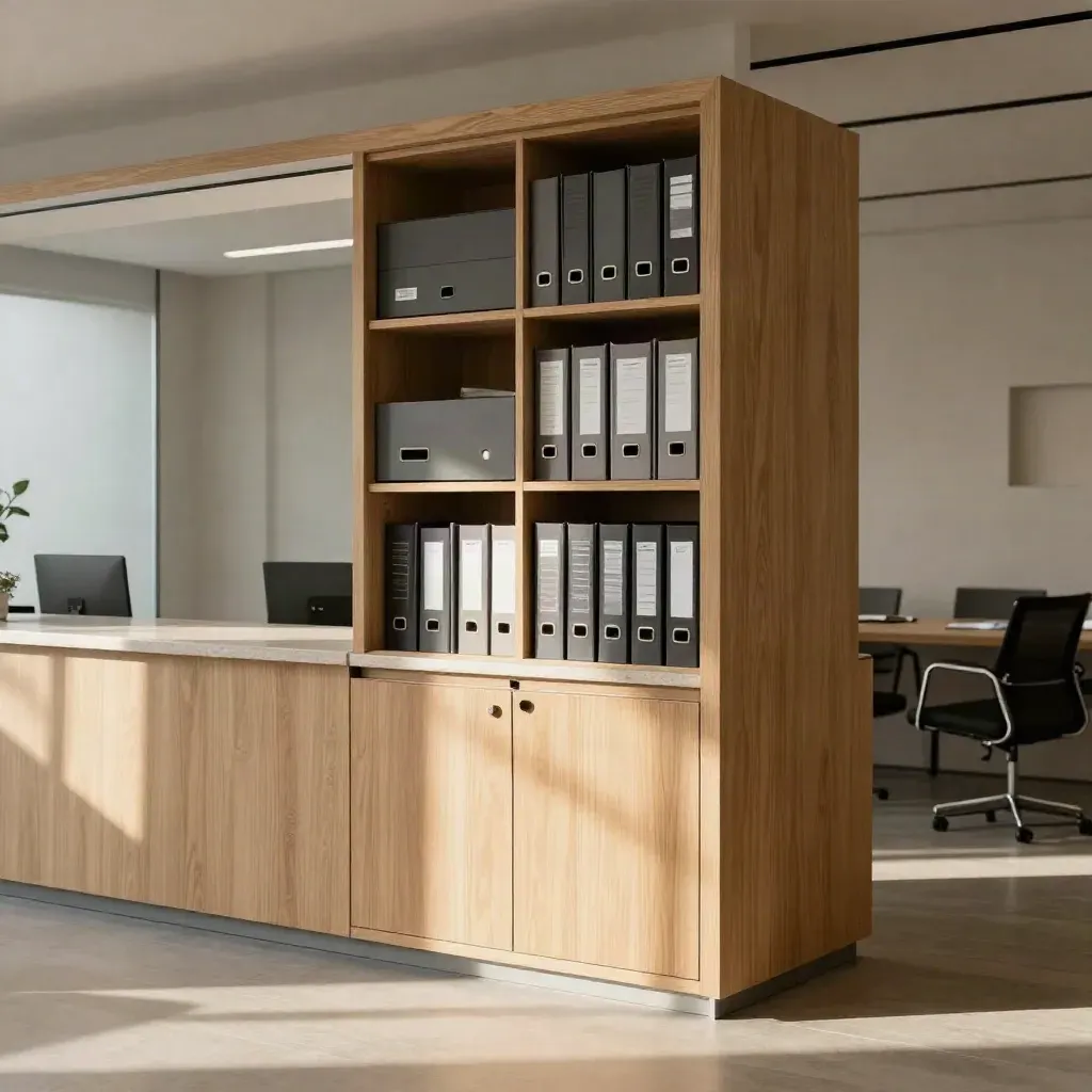 Warmer Empfangsbereich mit Aktenfächern, geschlossenem Schrank und Blick in einen ruhigen Beratungsraum.