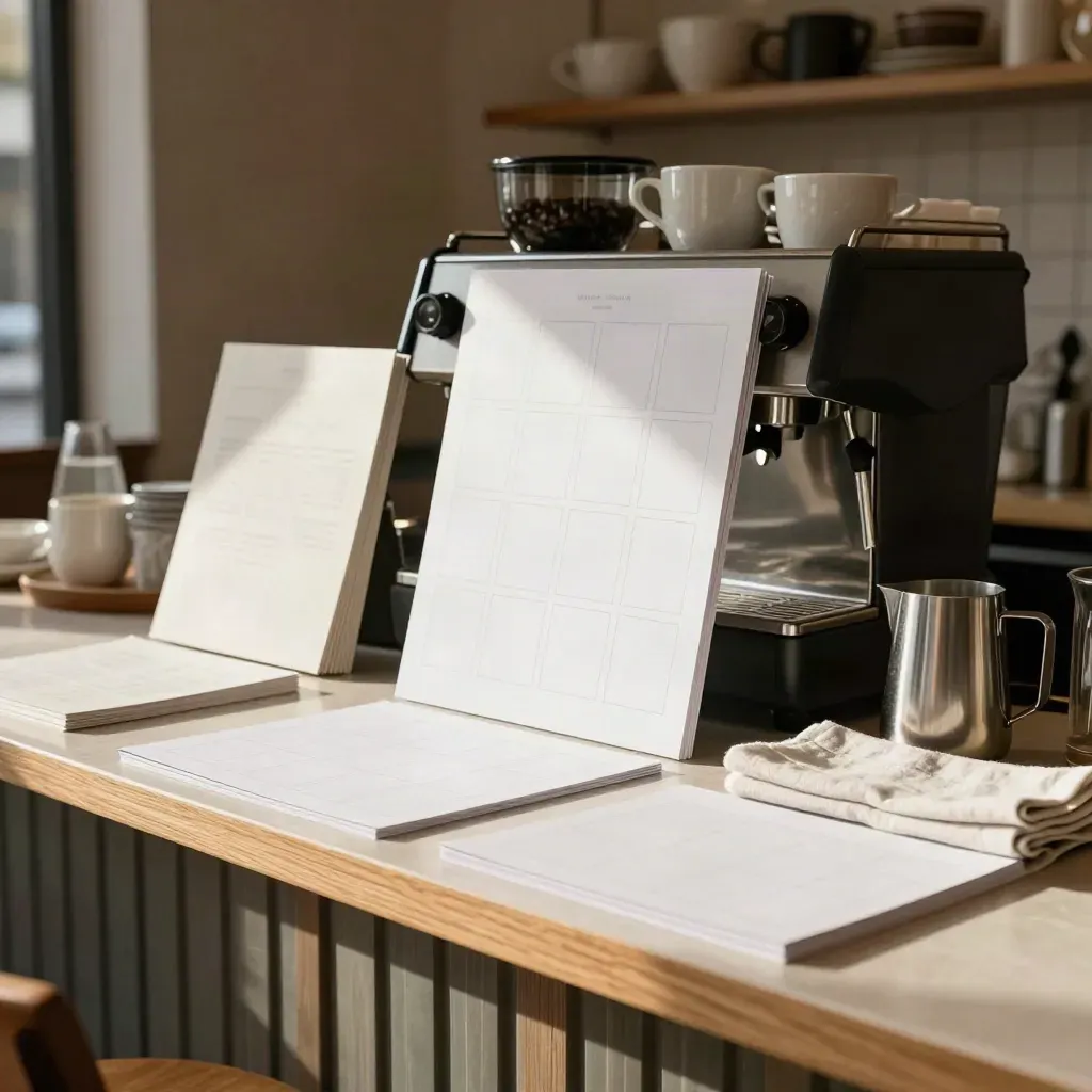 Café-Theke mit Content-Boards, Kartenhüllen und quadratischen Printvorlagen im warmen Licht.