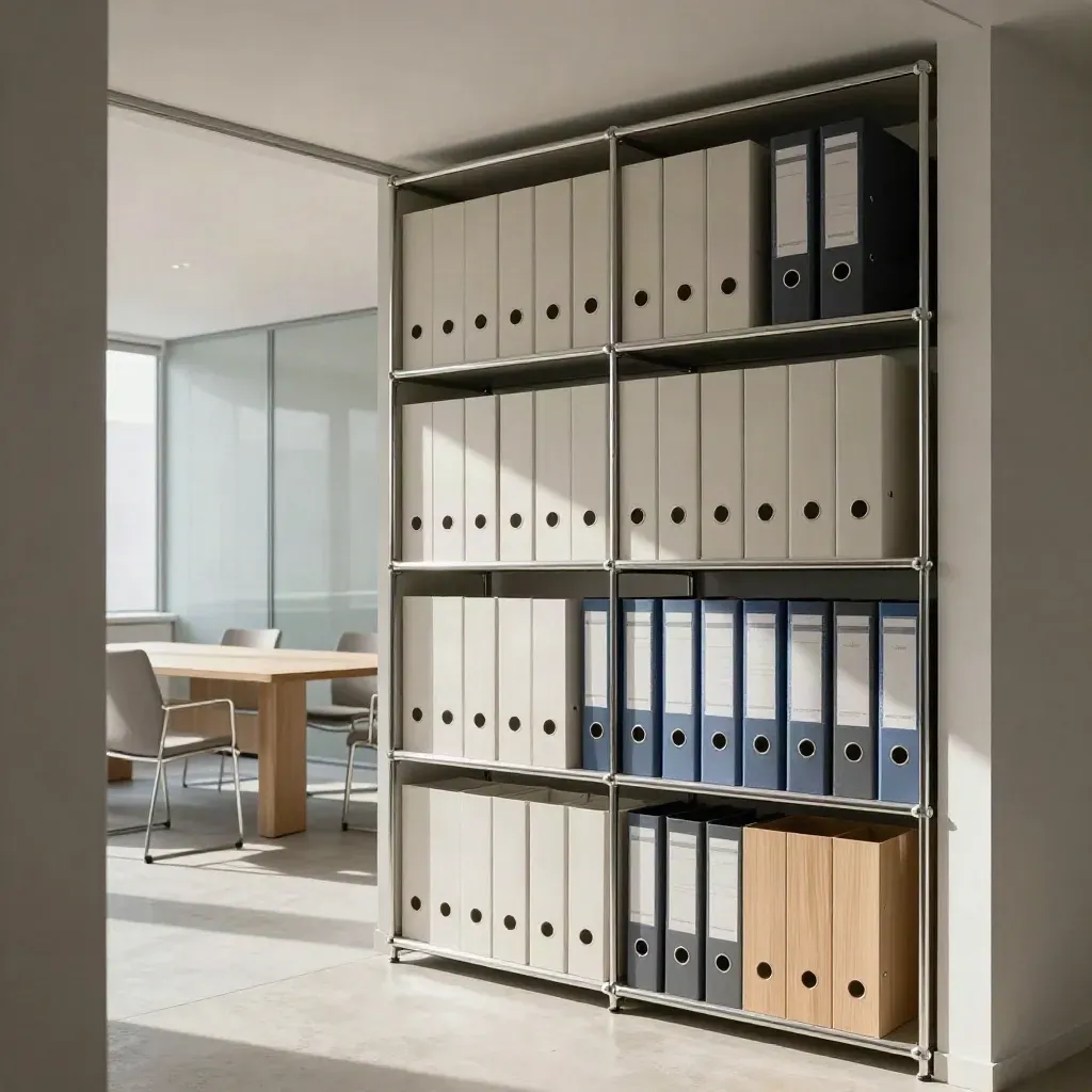 Lichtes Planungsbüro mit modularen Regalen, frischen Ordnern und ruhigem Besprechungsraum.