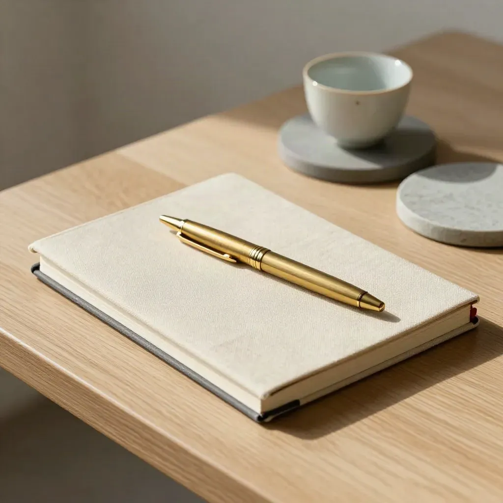 Geschlossener Notizblock mit Messingstift, Untersetzern und Tasse auf hellem Holz.