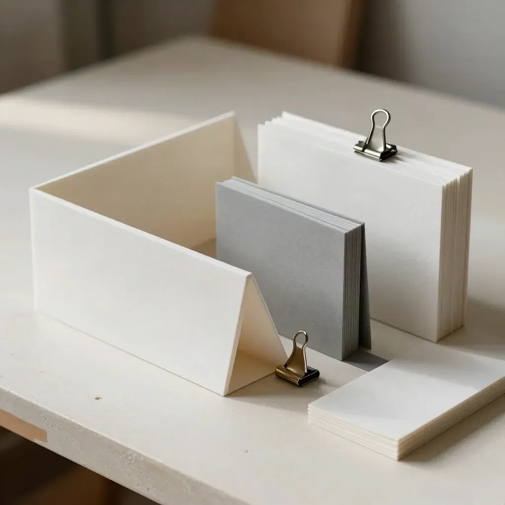 Foamboard-Module und Metallklemmen auf hellem Putz, seitlich fotografiert