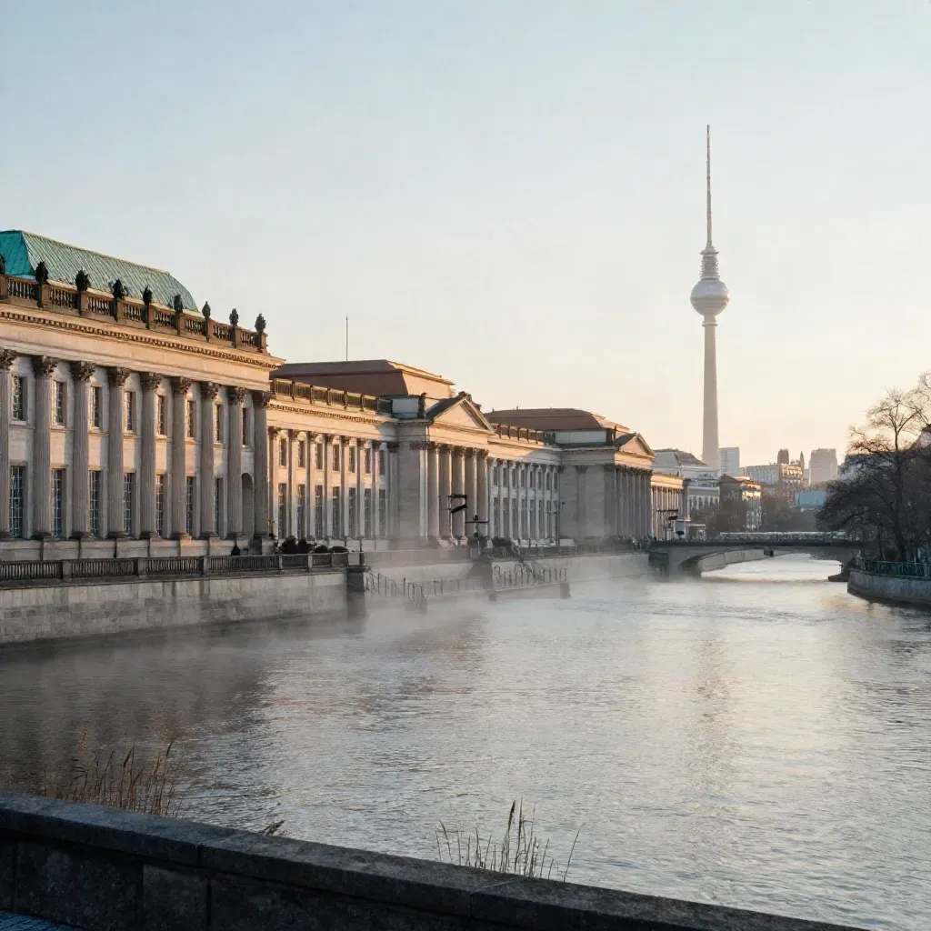 Blick über die Museumsinsel im Morgennebel mit ruhiger Spree und Fernsehturm-Silhouette.