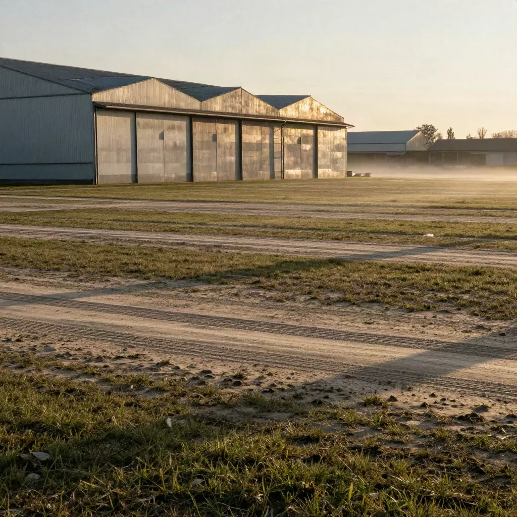Tempelhofer Feld im goldenen Licht, Hangarkanten hoch im Bild, weite leere Wiese darunter.