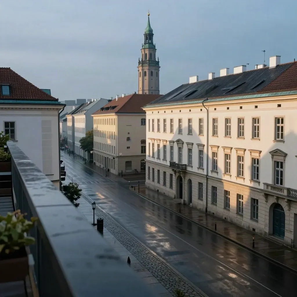 Charlottenburger Stadtszene mit Gedächtniskirchturm über nassem Asphalt im Abendlicht