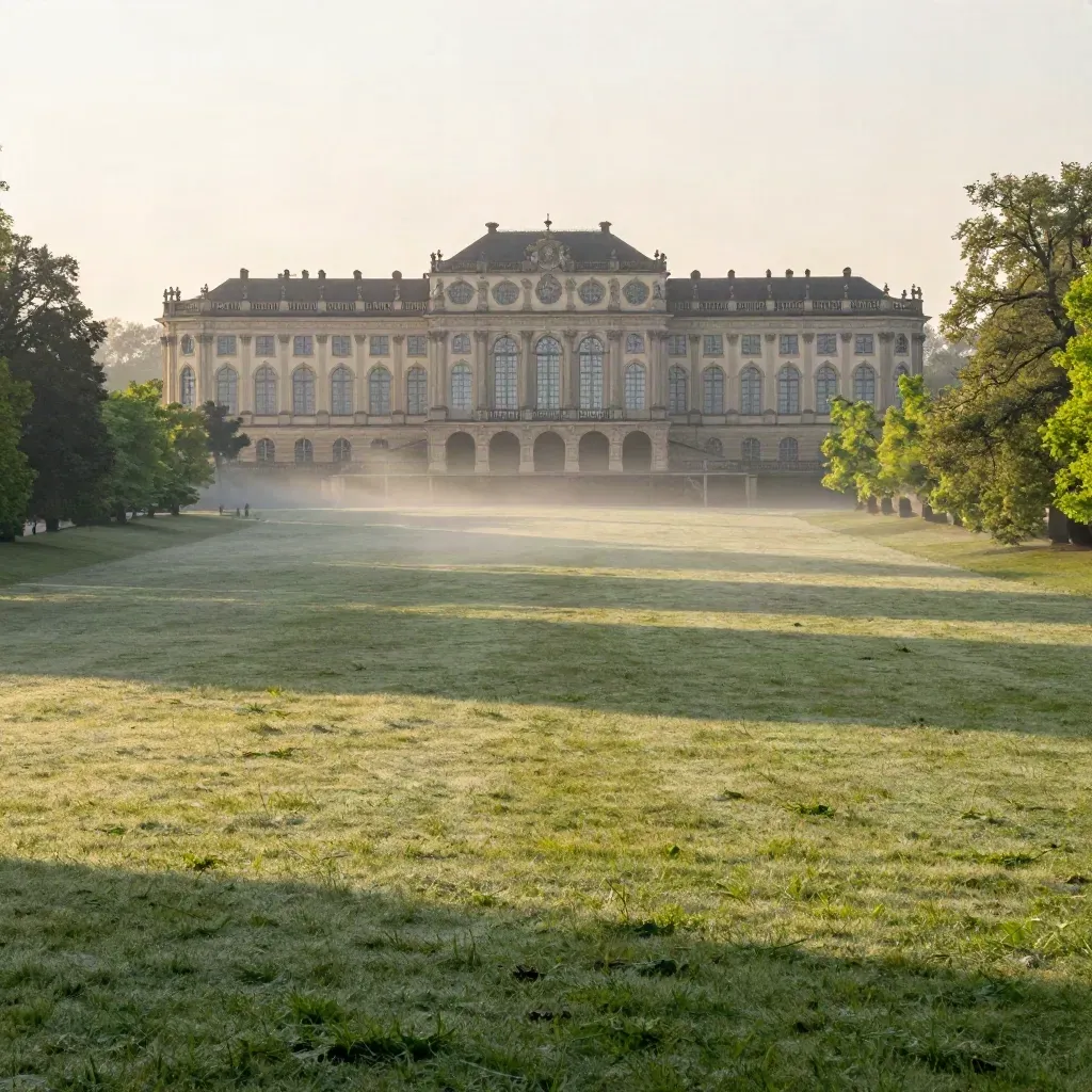 Sanssouci-Palast hoch im Bild über einer nebligen Wiese am warmen Morgen