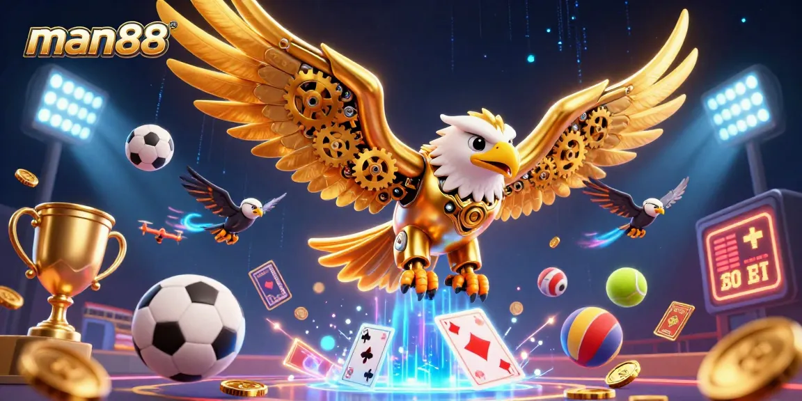 Experience man88's thrilling gaming atmosphere with a vibrant cybernetic eagle and dynamic sports elements.