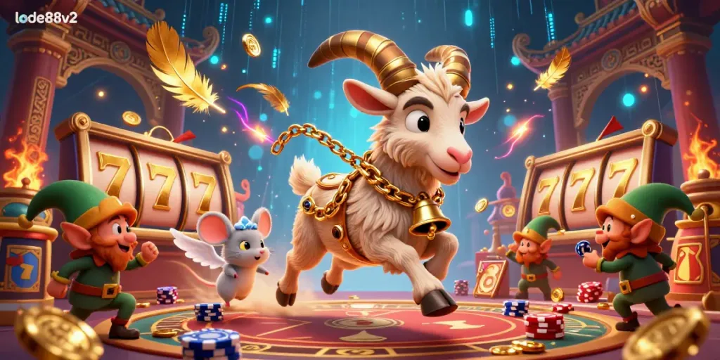 Lode88v2 showcases a festive Krampus goat running a lively casino scene filled with slot machines and playful elves.