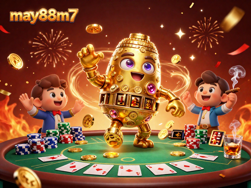 Engage with exciting gameplay at may88m7, featuring a dynamic casino scene with vibrant poker elements and a golden golem.