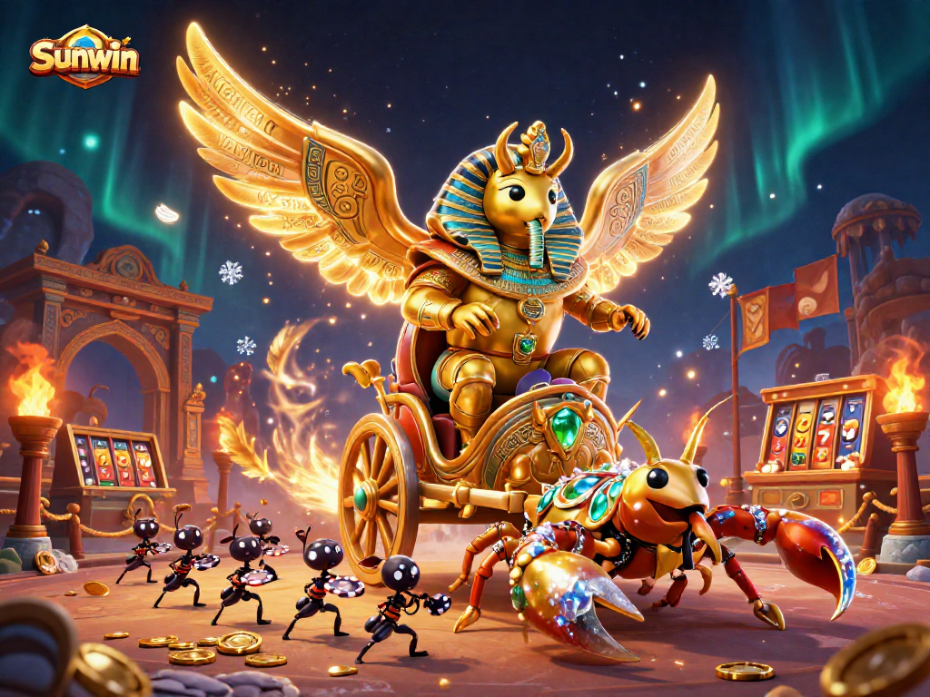 Sunwin engages players with a golden scarab beetle in a lavish casino scene, showcasing dynamic gaming elements.
