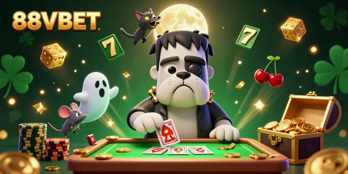 Engage with thrilling casino action at 88VBET with a spooky 3D illustrated scene featuring characters and games.