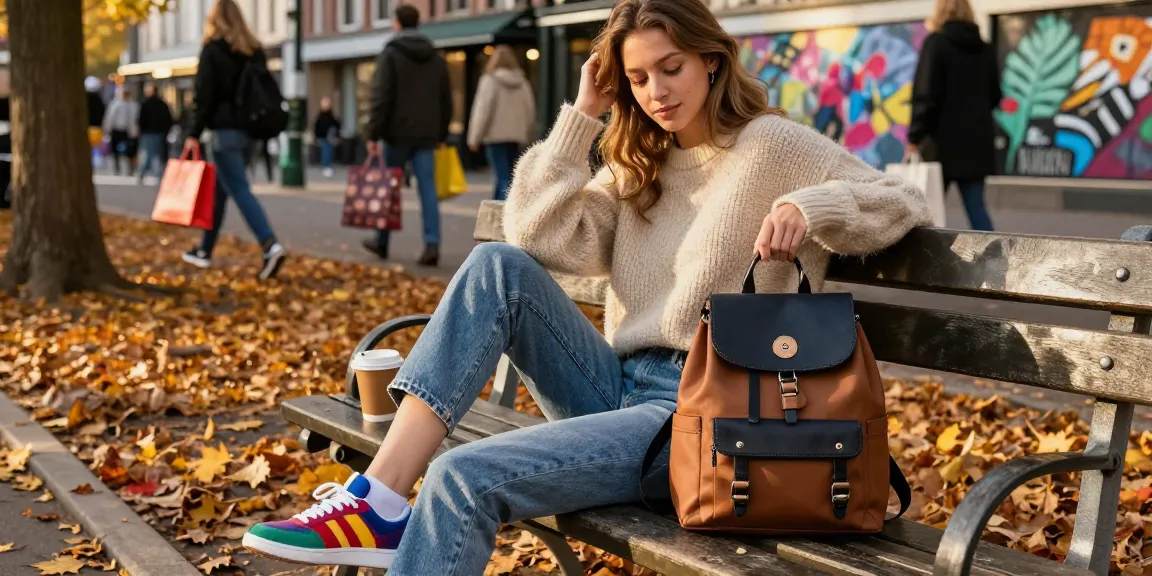 Stylische Frau mit retro rucksack damen, entspannt im Stadtpark mit Kaffee und herbstlichen Blättern.