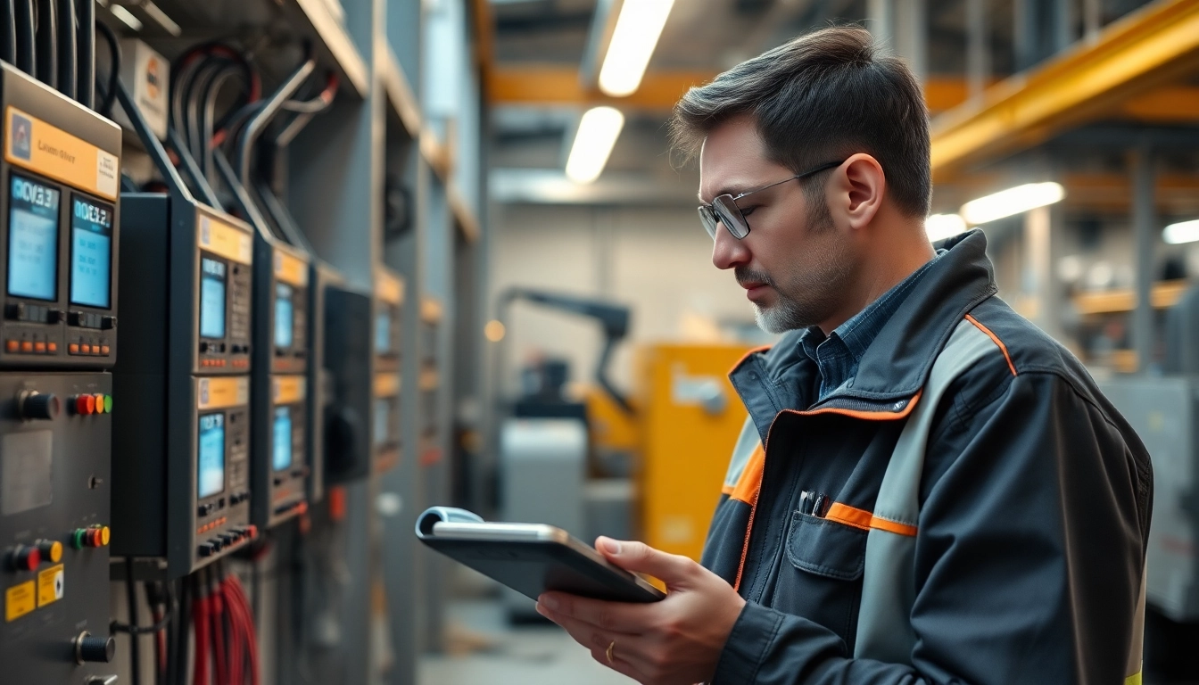 Professionelle DGUV V3 Prüfung durch Techniker in einer industriellen Umgebung, sorgfältige Geräteinspektion.