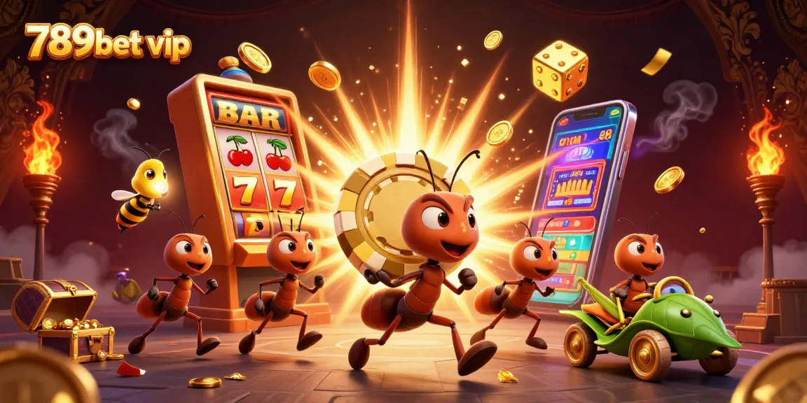 Experience excitement with 789bet vip as cartoon ants heist golden poker chips amidst vibrant slot machine chaos.