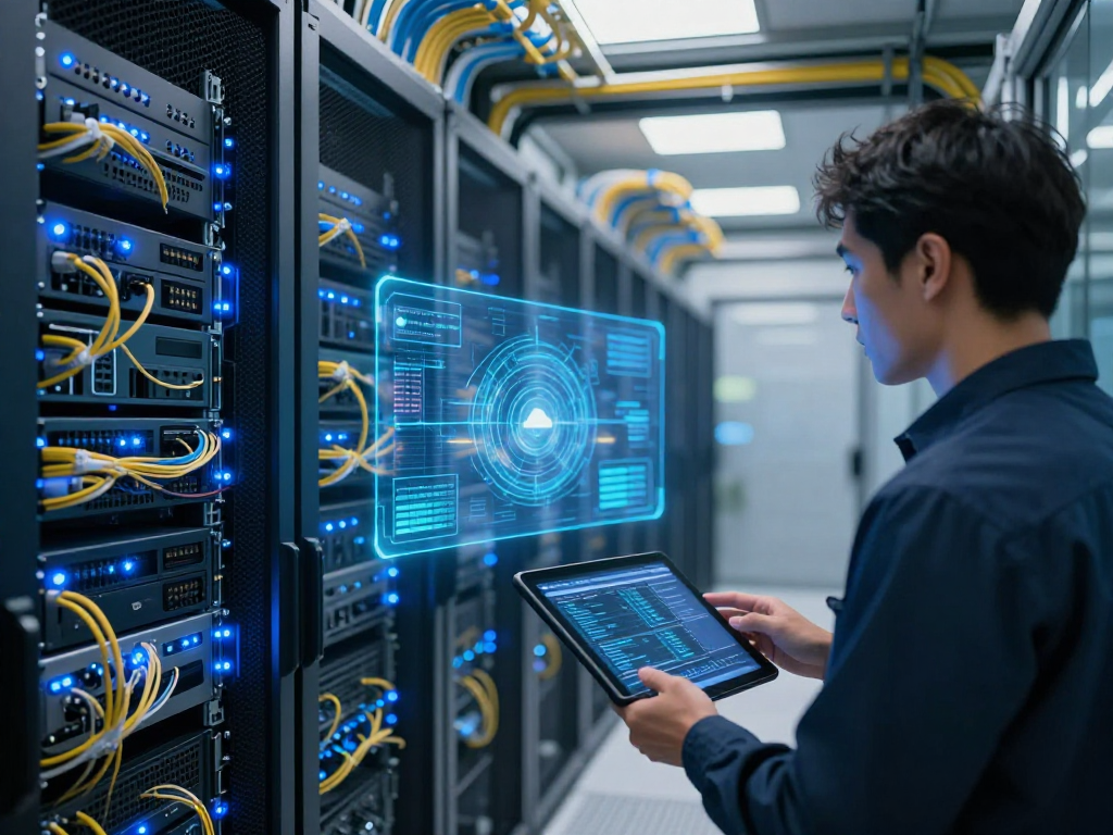 IPTV reseller managing advanced cloud computing solutions and cybersecurity protocols in a modern data centre.