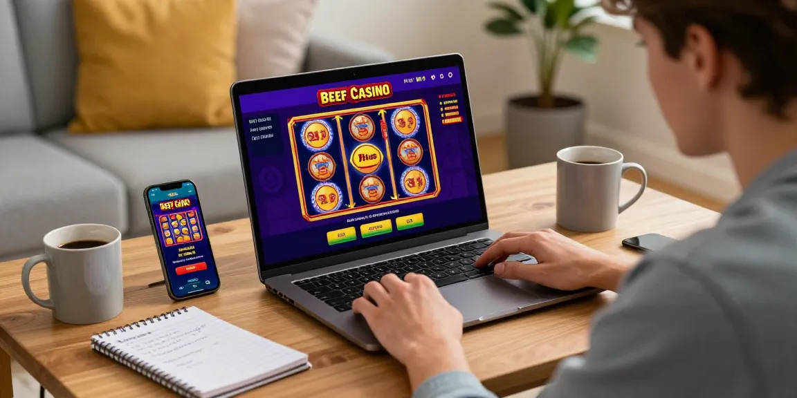 Spieler im Beef Casino nutzt Laptop und Smartphone in gemütlichem Ambiente.